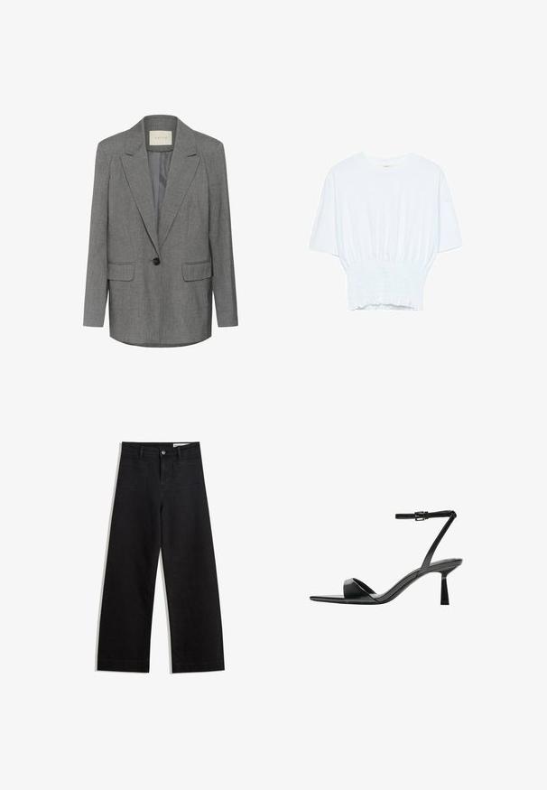 Blazer grigio a righe sottili con rever a punta, chiusura con un singolo bottone nero e due tasche frontali. Interno foderato in tessuto liscio.; T-shirt bianco a maniche corte con una vestibilità rilassata e una texture smock in vita. Realizzato in tessuto morbido e leggero.; Pantaloni in denim neri a gamba larga con vita alta, dotati di tasche anteriori e posteriori, cuciture a punto, e chiusura con bottone. Texture liscia.; Bershka Sandali con tacco - black