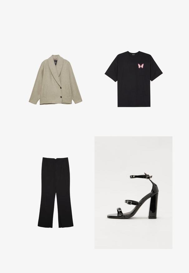 Bež jakna od vune s dodatkom, koja ima klapavu kragnu, dva prednja džepa i dvostruko kopčanje na dugmad. Tekstuirana tkanina sa strukturiranim oblikom.; Crna pamučna majica s kratkim rukavima, s malim grafičkim prikazom ružičaste vjetricaste s desne strane na prsima. Dizajn s okruglim izrezom i opuštenim krojem.; Crne hlače ravnog kroja, s prednjim džepovima i bočnim prorezima na rubu. Izrađene od mekog i glatkog materijala. Pogodne za razne prigode.; Crne lakirane sandale na pete sa kvadratnim nosom, trakama oko gležnja i srebrnim kopčama. Imaju čvrst blok petu za stabilnost.