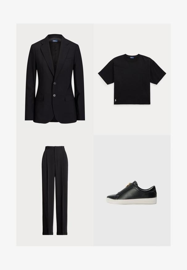 Granatowa marynarka wykonana z gładkiego materiału, z klapami w kształcie szalowego kołnierza, zapięciem na dwa guziki i przednimi kieszeniami, o dopasowanym kroju.; Czarny bawełniany t-shirt z krótkim rękawem, okrągłym dekoltem i małym białym logo w lewym dolnym rogu. Klasyczny, prostokątny krój z minimalnymi detalami.; Czarne dopasowane spodnie z wysokim stanem, z kantami z przodu, prostą nogawką i mankietem na dole. Wykonane z gładkiego materiału.; Czarne skórzane pantofle wsuwane z podniesionym szwem, srebrnym detalem w górnej części oraz białą gumową podeszwą z wytłoczonym logo.