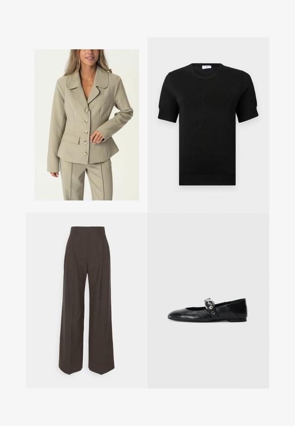 Heledbeez värvi kohandatud bleiser, millel on nurgakrae, kuue nupu sulgemine ja küljetaskud. Sile tekstuur ja struktureeritud sobivus.; Mustast lühikeste varrukatega kootud top ümmarguse kaelusega. Varrukatel ja äärel on peen sooniline muster ning toode on valmistatud pehmest kangast.; Tumepruunid lai jalad püksid kõrge vöökohaga, millel on korralikult pressitud kortsud, sile tekstuur ja täpselt sobiv lõige.; Mustadest nahast balleti kingad terava varbaga, millel on rihm ümmarguse metallist pandlaga ja lame tald.