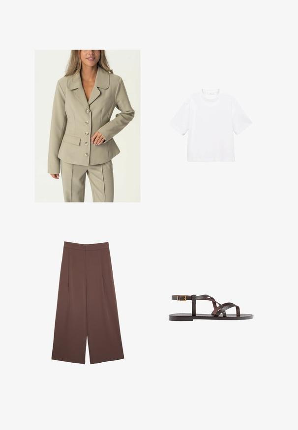 Svetlo béžový upravený blejzer s výstrihom do klina, uzatváraním na šesť gombíkov a bočnými vreckami. Hladká textúra a štruktúrovaný strih.; Biely bavlnený tričko s krátkym rukávom a okrúhlym výstrihom. Jednoduchý dizajn, voľný strih, hladká textúra. Žiadne vzory ani akcenty nie sú viditeľné.; Hnedé nohavice so širokými nohavicami a hladkou textúrou, s vysokým pásom a prednými skladmi. Tkanina je ľahká a voľne sa pohybuje.; Hnedé kožené sandály s krížovými popruhmi, uzatváraním na pracku okolo členku a plochou podrážkou s minimálnymi ševmi.
