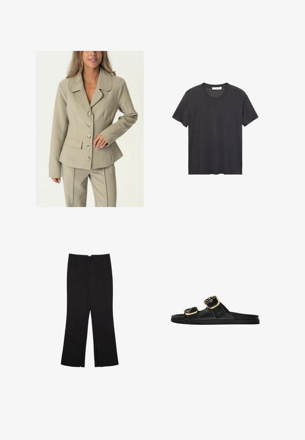 Svetlo béžový upravený blejzer s výstrihom do klina, uzatváraním na šesť gombíkov a bočnými vreckami. Hladká textúra a štruktúrovaný strih.; Čierne tričko s okrúhlym výstrihom vyrobené z jemnej bavlny. Krátke rukávy, voľný strih a rovný lem bez ozdôb či vzorov.; Čierne nohavice so strihom rovného strihu, s prednými vreckami a bočnými rozparkami na leme. Vyrobené z mäkkej, hladkej tkaniny. Vhodné na rôzne príležitosti.; Čierne šľapky s dvoma zlatými prackami, hladký textúrovaný materiál, plochá podrážka a minimalistický dizajn.