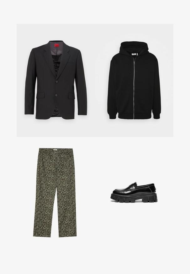 Svart kostymjacka med slagkrage, två knappar och två framfickor. Innerfoder är mörkt med en slät textur. HUGO-logotyp synlig inuti.; Svart zip-up hoodie med dragsko på huvan, framfickor, ribbade ärmslut och en mjuk tygtextur. Central märkespanel synlig inuti.; Svart ribbad linne med rund halsringning och en cirkulär vit logotyp på bröstet; har en figurnära design.; Leopardmönstrade byxor i olivgrön, tillverkade av mjukt tyg, med resårmidja och dragsko för justerbar passform.; Svarta läderloafers med tjock gummisula, dekorativ rem tvärs över ovandelen och kontrasterande vit söm. Slät textur med rundad tå.