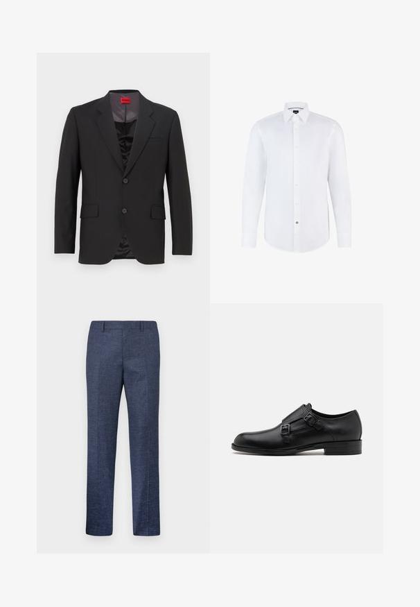 Black suit jacket with a notched lapel, two buttons, and two front pockets. Inner lining is dark with a smooth texture. HUGO logo visible inside.; White long-sleeve dress shirt made of smooth fabric with a button-up front, pointed collar, and curved hem. Notable branded button accent.; Navy blue trousers made from a textured fabric, featuring straight legs, a flat front, and two side pockets. No visible patterns or accents.; Black leather dress shoe with dual buckles, sleek silhouette, and round toe. Features a low heel and smooth texture.