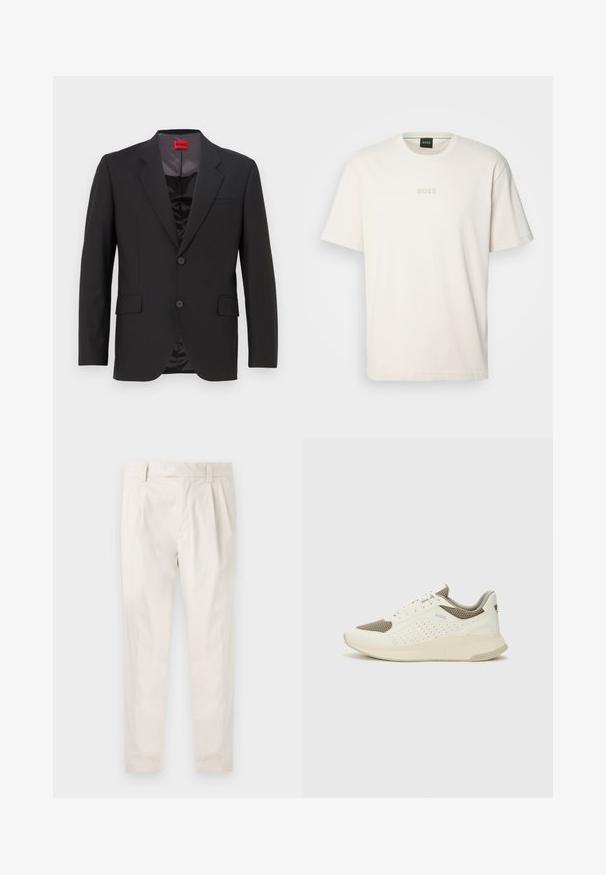 Black suit jacket with a notched lapel, two buttons, and two front pockets. Inner lining is dark with a smooth texture. HUGO logo visible inside.; BOSS TEE - Basic T-shirt - open white; White, pleated trousers with a tailored fit, featuring a smooth texture, belt loops, and tapered legs. No visible pockets or patterns.; White and light beige athletic sneaker, featuring a mesh upper, perforated detailing, and a textured midsole with branding on the heel.