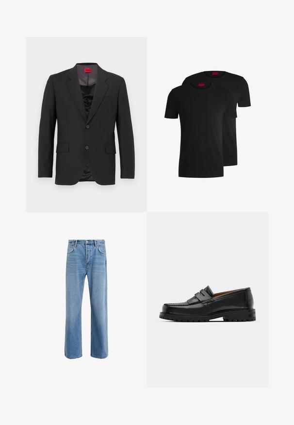 Black suit jacket with a notched lapel, two buttons, and two front pockets. Inner lining is dark with a smooth texture. HUGO logo visible inside.; Two black cotton t-shirts with short sleeves and crew necks. Both feature a red brand label at the neckline. Simple, classic design.; Light blue denim jeans with a straight-leg design, five pockets, button closure, minimal fading, and contrasting stitching details.; Black leather loafers feature a raised seam, two decorative straps on the upper, and a thick textured sole for added grip.