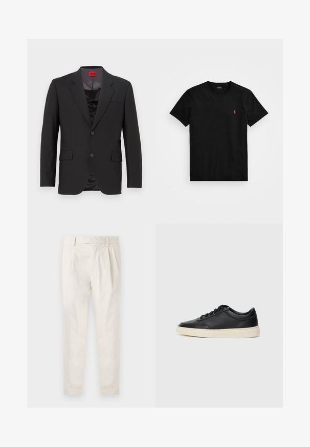 Musternine ülikond, millel on nurgelised kraed, kaks nuppu ja kaks esikotti. Sisekate on tume ja sujuva tekstuuriga. HUGO logo on sisepinnal nähtav.; Must värvi puuvillane T-särk ümarate kaelustega, lühikeste varrukatega ja vasakul rinnal väikese punase tikitud logoga. Sile tekstuur, klassikaline lõige.; Valged volditud püksid, mis on kohandatud sobivusega, sujuva tekstuuriga, vööloopidega ja kitsenevate jalgadega. Pole nähtavaid taskuid ega mustreid.; Mustad musta nahast madal sneaker mustade nööpidega ja kreemivalge tallaga, nähtud külgprofiilis valge tausta ees.