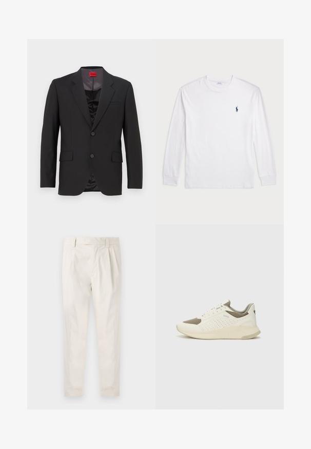 Čierna sako s klopovým golierom, dvoma gombíkmi a dvoma prednými vreckami. Vnútorná podšívka je tmavá a hladká na dotyk. Logo HUGO je viditeľné vo vnútri.; Biele tričko s dlhým rukávom vyrobené z bavlny. Má okrúhly výstrih, pružné manžety a malé námornícky modré logo polo na ľavej hrudi.; Biele plisované nohavice s prispôsobeným strihom, s hladkou textúrou, pútkami na opasok a zúženými nohavicami. Žiadne viditeľné vrecká ani vzory.; Biele a svetlo béžové športové tenisky s hornou časťou z mriežkového materiálu, perforovanými detailmi a textúrovanou medzipodrážkou s logom na päte.