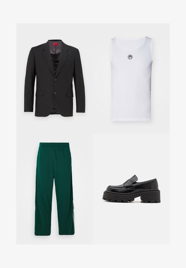 Crna jakna od odijela s izrezanim reverima, dva gumba i dva prednja džepa. Unutarnja podstava tamna s glatkom teksturom. HUGO logo vidljiv unutar.; Bijela bezrukavna majica od rebraste tkanine, sa okruglim izrezom i malim crnim logotipom na prsima.; Zelene, lagane hlače s elastičnim pojasom i opuštenim krojem. Imaju bočne džepove i bijelu prugu duž bokova.; Crne kožne mokasine s masivnom gumenom potplatom, s podignutom platformom i trakicom preko gležnja. Glatka površina i okrugli oblik.
