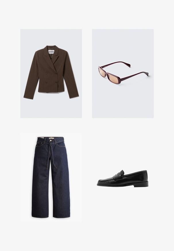Blazer double-breasted marron à rayures avec un col cranté, des manches longues et deux boutons à l'avant ; conception de taille structurée.; Chemise blanche à manches longues en tissu côtelé, avec un col rond et une coupe cintrée. Aucun motif ni accent présent.; Jeans en denim bleu foncé à jambes larges, avec une taille haute, dotés d'un lien à cordon, de cinq poches et de détails de couture contrastants.; Mocassin en cuir noir avec une silhouette courbée, une sangle décorative, des coutures texturées et une semelle en caoutchouc plate. Fini lisse et design élégant.; Lunettes de soleil bordeaux avec monture rectangulaire, verres dégradés et branches élégantes. Le matériau a une finition lisse et brillante.; Sac fourre-tout tissé noir avec deux poignées robustes, présentant une texture brillante et un design à ouverture spacieuse.