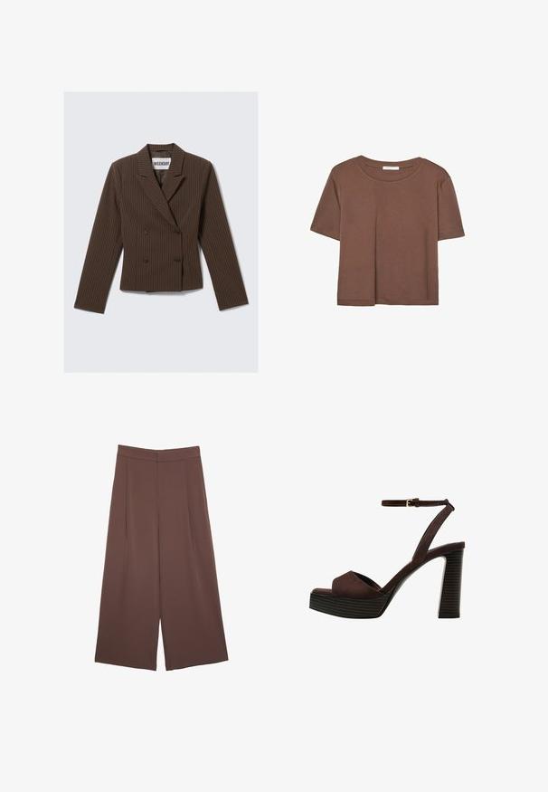 Hnedý pruhovaný dvouřadový blejzer s klopovým límcem, dlhými rukávmi a dvoma prednými gombíkmi; štruktúrovaný dizajn pásu.; Hnedé tričko s krátkym rukávom vyrobené z jemného materiálu, s okrúhlym výstrihom a voľným strihom. Žiadne viditeľné vzory ani akcenty.; Hnedé nohavice so širokými nohavicami a hladkou textúrou, s vysokým pásom a prednými skladmi. Tkanina je ľahká a voľne sa pohybuje.; Hnedé semišové sandále na vysokom podpätku s otvorenou špičkou, nastaviteľným členkovým remienkom a pruhovanou platformovou podrážkou.