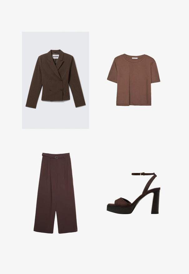 Bruine gestreepte dubbele blazer met een gelapte revers, lange mouwen en twee knopen aan de voorkant; gestructureerd tailleontwerp.; Korte mouwen T-shirt in bruin, gemaakt van een zachte stof, met een ronde halslijn en een relaxte pasvorm. Geen zichtbare patronen of accenten.; Stradivarius WIDE-LEG WITH BUCKLE DETAIL - Broek - dark brown; Bruine suède high-heeled sandaal met een open teen, verstelbare enkelband en een gestreepte plateauzool.