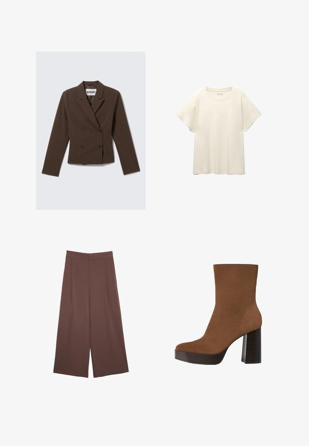 Blazer doppiopetto marrone con righe, colletto a punta, maniche lunghe e due bottoni frontali; design della vita strutturato.; Maglietta a maniche corte beige chiaro con scollatura rotonda, realizzata in un tessuto morbido e liscio. Presenta una vestibilità comoda e un orlo dritto.; Pantaloni ampi marroni con una texture liscia, caratterizzati da una vita alta e pieghe frontali. Il tessuto è leggero e scorre liberamente.; Stivale alla caviglia in suede marrone con punta arrotondata, tacco spesso a strisce nere e superficie liscia. Caratterizzato da un design aderente senza hardware visibile.