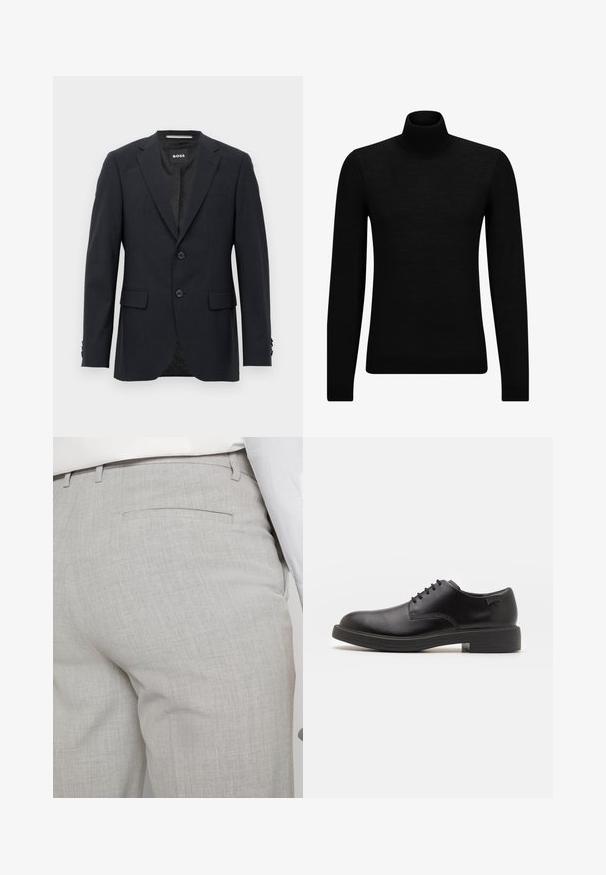 Ciemnoszara skrojona marynarka z subtelnym wzorem w kratę, z klapami w kształcie notcha, dwoma przednimi guzikami, kieszeniami z klapką oraz markową metką wewnętrzną.; Czarny sweter z golfem wykonany z miękkiego materiału, z długimi rękawami i dopasowanym krojem. Żebrowane wykończenie na dolnym brzegu i mankietach. Prosty design.; Jasnoszare, dopasowane spodnie wykonane z fakturowanej tkaniny, z pojedynczą tylną kieszenią i starannym przeszyciem.; Czarny skórzany but za kostkę z okrągłym noskiem, gładką fakturą, minimalnym przeszyciem i niskim gumowym obcasem. Logo na pięcie.