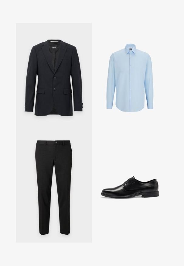 Ciemnoszara skrojona marynarka z subtelnym wzorem w kratę, z klapami w kształcie notcha, dwoma przednimi guzikami, kieszeniami z klapką oraz markową metką wewnętrzną.; Jasnoniebieska, długosleeve koszula z gładkiego materiału, z zapięciem na guziki, wywijanym kołnierzykiem i regularnym krojem.; Czarne spodnie wykonane z gładkiego materiału. Posiadają prosty krój, gładki przód oraz zapięcie na guzik z prostym wzorem pasa.; Czarne skórzane buty wizytowe o gładkim wykończeniu, z zapięciem na sznurówki, zaokrąglonym noskiem i subtelnymi detalami przeszycia. Posiadają czarną gumową podeszwę.