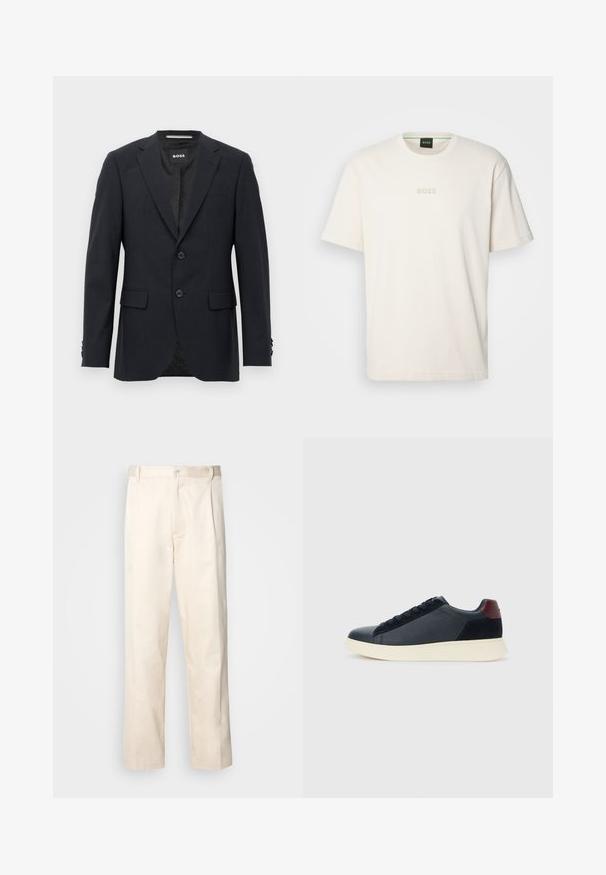 Blazer ajustado em cinza escuro com um padrão de xadrez subtil, lapelas em notcha, dois botões frontais, bolsos de aba e etiqueta interior com marca.; BOSS TEE - T-shirt básica - open white; Calças de algodão bege com corte reto, apresentando um fecho de botão e pregas na frente para um detalhe adicional.; Sapatilha baixa masculina em couro preto e camurça com aba de calcanhar em amarelo-escuro e sola de borracha branca, vista do lado exterior.