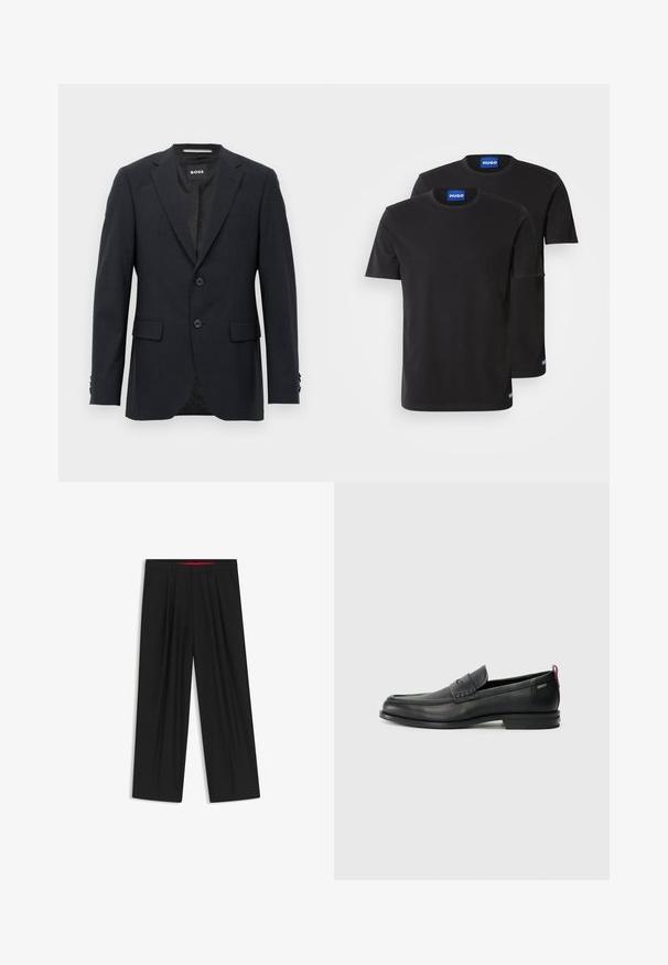 Dark grey tailored blazer with subtle check pattern, notch lapels, two front buttons, flap pockets, and branded inner label.; Two black cotton T-shirts with round necklines, short sleeves, and blue "HUGO" labels on the collars and side hems.; Black wide-leg trousers with a flat front, two side pockets, pleated design, and a contrasting red interior waistband.; Black leather loafers with a textured front panel and smooth sides. Features a slim heel and rear loop for easy wear. Classic design.