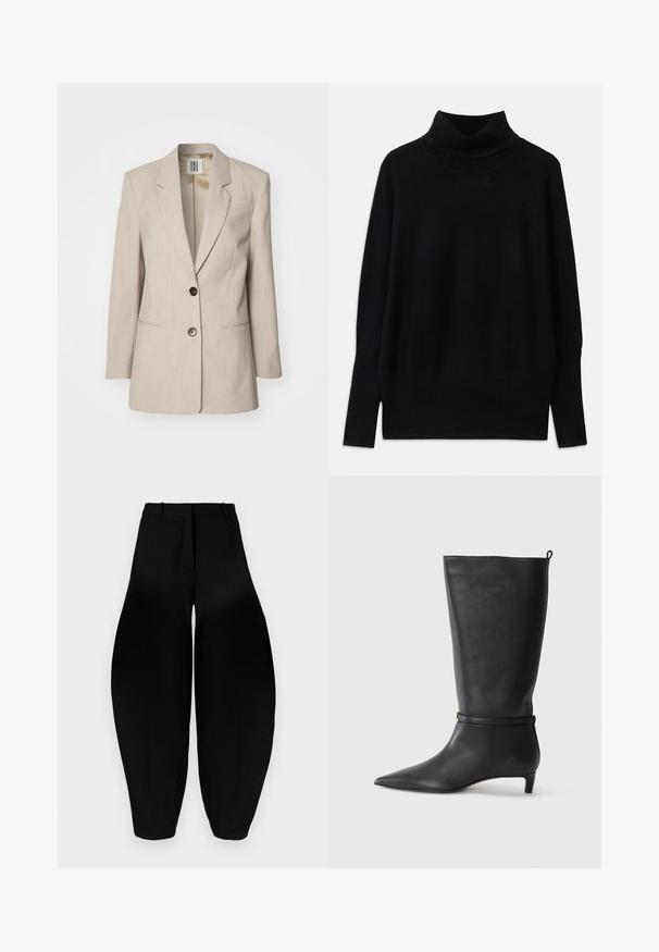 Vaaleanbeige räätälöity bleiseri, jossa on kaareva läppä, yksi musta napin suljenta ja kaksi etutaskua. Teksturoitu kangas, jossa on hienovarainen kuvio.; Musta poolapuanne, valmistettu pehmeästä kankaasta, jossa on ribbiä kauluksessa ja hihansuissa. Vapaa istuvuus ja sivureiät.; Mustat leveälahkeiset housut, joissa on korkea vyötärö, pleatattu etuosa ja kapenevat nilkat. Valmistettu sileästä kankaasta, jossa on matta pinta.; Musta nahkainen polvipitkä saapas, jossa on terävä kärki, korostettuna ympyrämuotoisella nauhalla nilkassa ja matala, kapea korko. Sileä pinta.