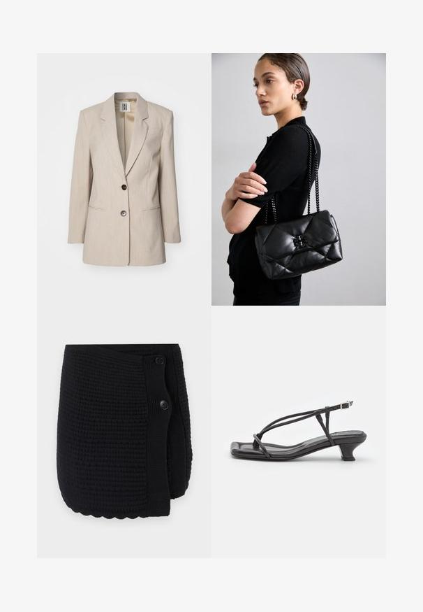 Béžový sak s prispôsobením a zúženým golierom, s jedným čiernym gombíkom a dvoma prednými vreckami. Textúrovaná tkanina s jemným vzorom.; Čierny krátky rukáv sveter z jemnej tkaniny, s výstrihom do špica, zapínaním na gombíky a diskrétnym logom na rukáve.; Čierny pletený šál s textúrovaným vzorom, volánovým lemom a dvoma veľkými gombíkmi na zapínanie. Mäkký materiál s útulným dizajnom.; Čierne kožené sandále s tenkými remienkami, nízkym blokovým opätkom a štvorcovou špičkou. Majú pracku na uzatvorenie a hladký povrch.; Čierna prešívaná kožená kabelka s reťazovým popruhom, so vstavaným kovovým logom na prednej strane a hladkým povrchom.