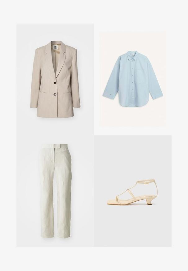 Bež blazer s krojem, ki ima zasunljeni ovratnik, enostavno črno gumbno zapiranje in dva sprednja žeppa. Teksturna tkanina s subtilnim vzorcem.; By Malene Birger DERRIS - Bluza z gumbi - light blue; Beli laneni hlače s prilagojenim krojem, ki imajo ravno sprednjo stran in ravne noge. Gladka tekstura z rahlimi gubami.; Bež sandali na visoki peti s T-trakom, kvadratnim prstom, nastavljivim čevljem za gleženj in nizkim blok petom. Material iz gladke usnje.