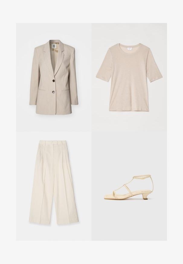 Beige szabott blazer, kifordított hajtókával, egy fekete gombbal záródik, és két elülső zsebe van. Texturált anyag, finom mintával.; Filippa K ELENA TEE - Basic póló - taupe; Textúrált krémszínű anyagból készült széles szárú nadrág. Magas derekú, pliszírozott, övhurkokkal rendelkezik, és letisztult, minimalista dizájn jellemzi.; Beige színű sarkú szandál T-pántos dizájnnal, négyzet alakú orral, állítható bokapánttal és alacsony, tömbsarkú kivitelezéssel. Simává dolgozott bőr anyag.