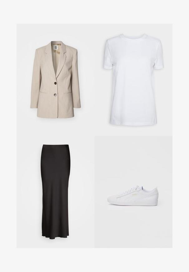Bež sako s izrezanom reverom, jednim crnim dugmetom i dva prednja džepa. Tekstura tkanine sa suptilnim uzorkom.; Bijela kratka majica s kratkim rukavima od pamuka. Dizajn s okruglim izrezom, glatke teksture i bez vidljivih uzoraka ili naglasaka. Osnovni stil.; Crna satenska suknja do poda s glatkom teksturom, strukom koja se dobro prilagođava, i A-linijom, bez vidljivih ukrasa ili uzoraka.; Bijele niske Puma tenisice s vezanjem sprijeda, suptilnim brendingom sa strane i na đonu, te glatkim sintetičkim gornjim dijelom za svakodnevno nošenje.