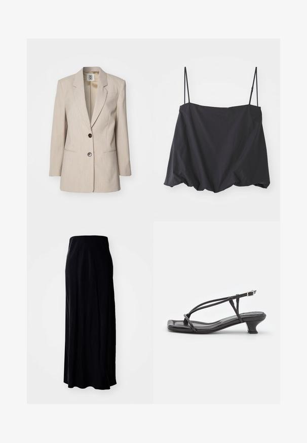 Béžový sak s prispôsobením a zúženým golierom, s jedným čiernym gombíkom a dvoma prednými vreckami. Textúrovaná tkanina s jemným vzorom.; Čierny bezrukávový top s tenkými ramienkami, voľný strih a nariasený lem. Vyrobený z ľahkého materiálu s hladkou textúrou.; Čierna maxi sukňa vyrobená z jemného materiálu; má rovný strih, hladkú textúru a mierne rozšírený lem.; Čierne kožené sandále s tenkými remienkami, nízkym blokovým opätkom a štvorcovou špičkou. Majú pracku na uzatvorenie a hladký povrch.