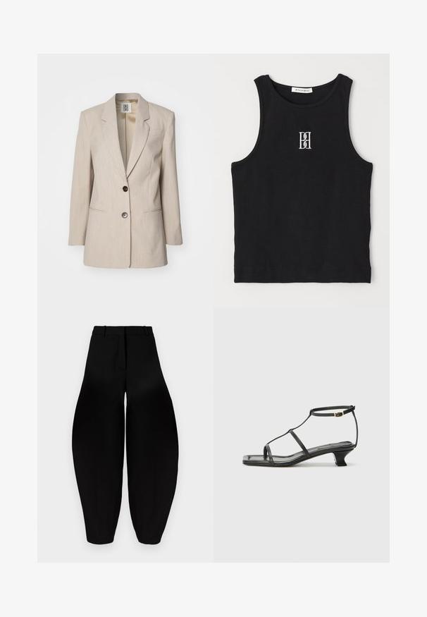 Béžový sak s prispôsobením a zúženým golierom, s jedným čiernym gombíkom a dvoma prednými vreckami. Textúrovaná tkanina s jemným vzorom.; Čierny rebrový tielko s okrúhlym výstrihom a vyšitým logom v bielej farbe. Materiál má hladkú textúru a priliehajúci strih.; Čierne široké nohavice s vysokým pásom, skladaným predným dielom a užšími členkami. Vyrobené z hladkej látky s matným povrchom.; Čierna kožená sandála so štvorcovou špičkou, tenkými popruhmi, nastaviteľným pásikom okolo členka a nízkym podpätkom. Obsahuje malý zlatý akcent na popruhu.