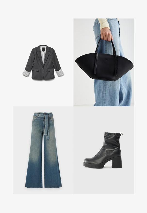 Grå blazer med en klassisk design, med en enkelknäppt stängning och randiga manschetter. Slät textur och skräddarsydd passform med sidfickor.; Vit bomulls t-shirt med en färgglad fjärilsdesign på vänster bröst. Kortärmad och med en avslappnad passform.; Breda denimbyxor med en ljus till mörkblå gradient, hög midja, bälteshällor och ett matchande tygbälte. Texturerad denimfinish.; Svarta ankelstövlar i slitstark läder, med sidodragkedja, kraftig strukturerad klack och rundad tådesign.; Svart läderhandväska med en unik fläktform, som har platta handtag. Ytan har en pebblad textur och en minimalistisk design.