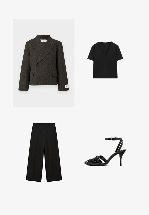 Giacca doppiopetto marrone scuro in tessuto strutturato con sottili pagliuzze dorate. Presenta grandi bottoni neri e tasche laterali.; Maglietta nera a maniche corte con scollo a V, dal design semplice e aderente, su sfondo bianco.; Pantaloni neri a gamba larga realizzati in tessuto morbido, con vita alta e pieghe, caratterizzati da una texture liscia e senza decorazioni visibili.; Sandaletta nera in pelle con tacco alto e cinturino alla caviglia, caratterizzata da fasce intrecciate sulla punta, una finitura liscia e una forma della punta appuntita.