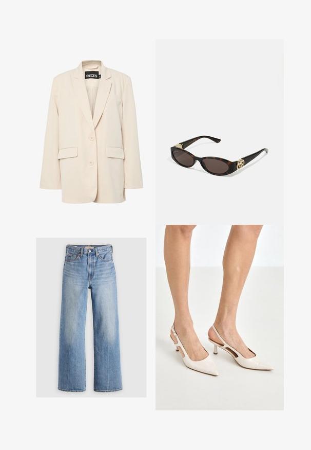 Pieces PCKAMIL LOOSE NOOS - Blazer - sandshell; Blå stribet skjorte med knapper, krave, lange ærmer og buet kant. Stoffet virker glat og let. Knaplukning foran.; Lys blå denim vid-leg jeans med høj talje, udvaskede områder, fem lommer og kontrastsyede detaljer. Klassisk knap- og lynlåslukning.; Beige patenterede læder slingback hæle med spids tå og 5 cm hæl, med udskårne sider og en tynd ankelrem.; Skildpaddemønster solbriller med aflange ovale linser, brun farve, guldlogo accenter på stængerne og slanke sorte arme.