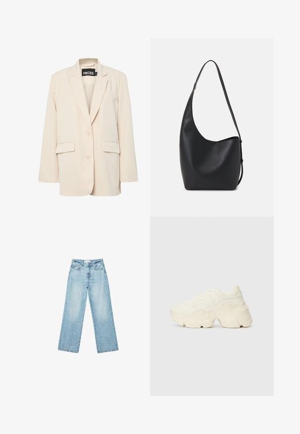 Pieces PCKAMIL LOOSE NOOS - Blejzr - sandshell; Černé a bílé trička s dlouhým rukávem, se zaoblenými výstřihy, měkkou tkaninou a přiléhavým designem se přímými lemy.; Světle modré džíny s širokými nohavicemi a vysokým pasem, s bledým odstínem a malými, rozptýlenými detaily opotřebení po celém povrchu.; Chunky bílé tenisky vyrobené z texturované síťoviny a syntetických materiálů, s tlustou podrážkou a složitými vzorovými detaily podél stran.; Černá kožená hobo taška s hladkým povrchem, zakřiveným tvarem a jedním nastavitelným popruhem; má široké otevírání nahoře.