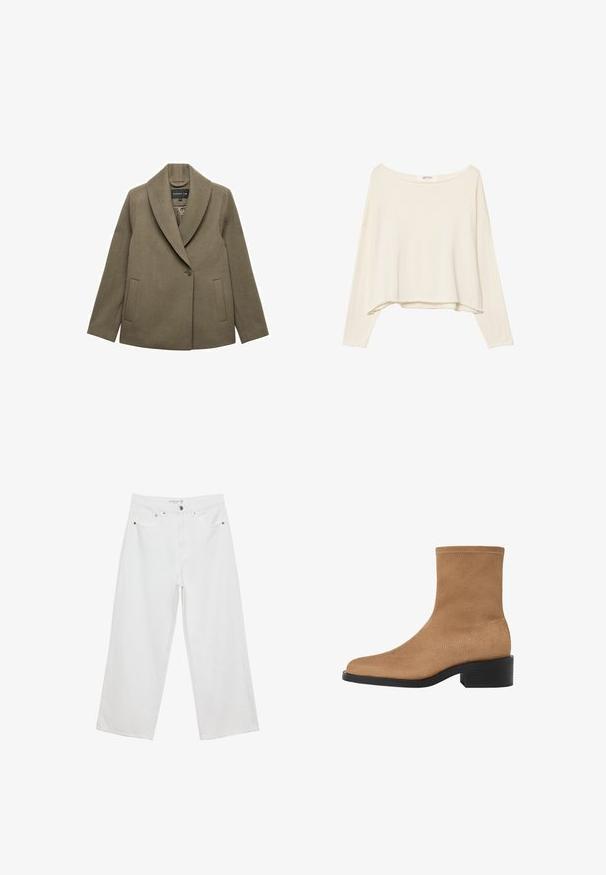 STOCKH LM ALICE SHORT COAT - Bleiseri - brown; Vaaleanbeige lyhythihainen huppari, jossa on leveä kaula-aukko, pitkät hihat ja pehmeä, teksturoitu kangas. Ominaisuutena rento, laatikkomainen muoto.; Valkoiset leveälahkeiset farkut, joissa on korkea vyötärö. Tämä malli sisältää viisi taskua ja metallisia yksityiskohtia. Kankaan pinta on sileä, ilman näkyviä kuvioita.; Beige suede nilkkurit, joissa on neliön muotoinen kärki, matala lohkokorko ja saumaton muotoilu. Ominaisuuksiin kuuluu huomaamaton ompelu reunoilla.