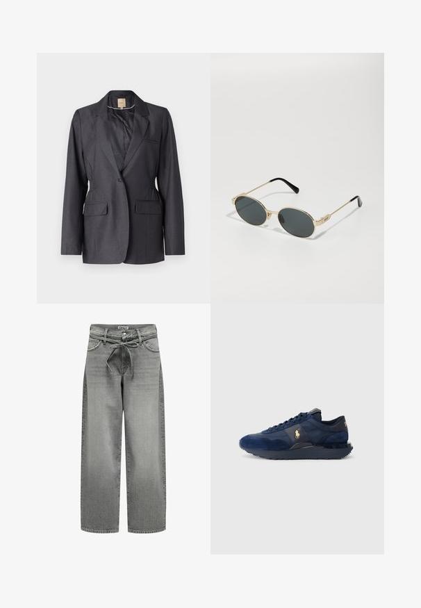 Sötétszürke blézer sima anyagból, kihajtható gallérral, két elülső zsebbekkel és összegyűrt oldalakkal, amelyek testhezálló illeszkedést biztosítanak.; Fehér, sima pamutból készült ing, klasszikus gallérral, egyenes aljjal és bézs gombokkal az elején.; Széles lábú, szürke farmernadrág húzózsinóros derékkal és elülső zsebekkel. Az anyaga enyhe textúrával és kopott hatással rendelkezik.; Sötétkék sportcipők bőr és hálós anyagból, gumitalppal, fűzős kivitelben, arany logóval.; Arany színű fém napszemüveg ovális lencsékkel és sötét tónusú lencsékkel. Fekete acetát végződések az ágon. "QUAY" márkanevének felirata az oldalán.; Fekete hobo táska sima bőrszerű anyagból, csavarodott füllel, puha, lekerekített formával és felső cipzárral záródik.