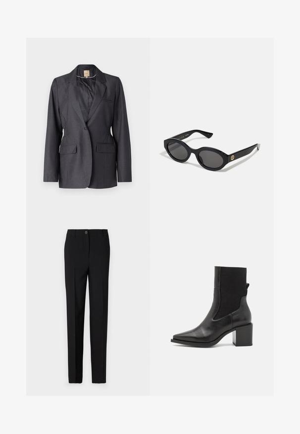 Dark gray blazer made of smooth fabric, featuring a notched lapel, two front pockets, and gathered sides for a tailored fit.; Leopard print long-sleeve top with a high neckline, made of stretchy fabric. Features a tan base with brown spots. Smooth texture, fitted design.; Black tailored trousers with a straight leg design, featuring a button fastening and belt loops, made from smooth fabric.; Black ankle boot with a pointed toe, made of smooth leather and elastic fabric. Features a block heel and minimalist design.; Black oval sunglasses with dark lenses and glossy plastic frame. Features gold logo on the temple, offering a sleek and modern design.