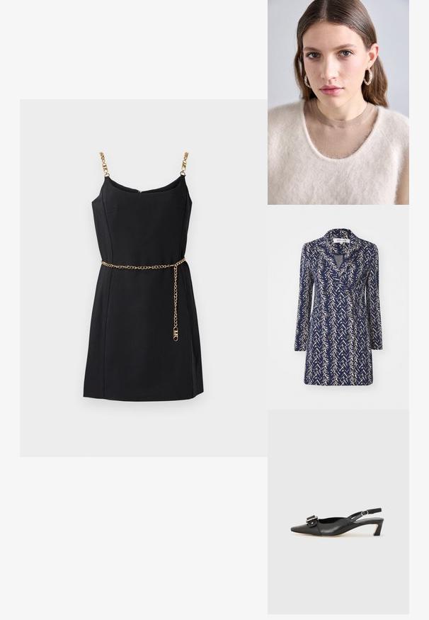 Palton bleumarin din material dublu, cu un model abstract bej, guler cu reja, mâneci lungi și două buzunare frontale. Textură moale a materialului.; Rochie neagră fără mâneci, cu bretele din lanțuri aurii și o curea din lanțuri aurii. Material neted, croială ajustată și un decolteu subtile în formă de V.; Pantofii negri din piele cu toc mic, vârf ascuțit și detaliu decorativ cu cataramă pe partea superioară. Textură netedă, design minimal.; Pulover tricotat de culoare bej deschis, cu o textură pufoasă și un decolteu larg, purtat peste o cămașă maro strânsă. Modelul poartă cercei rotunzi din argint.