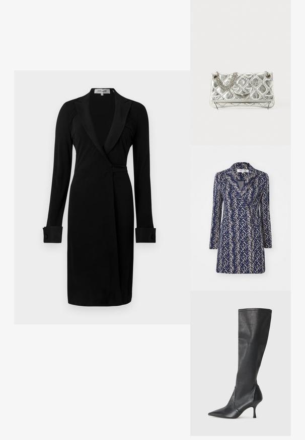 Palton bleumarin din material dublu, cu un model abstract bej, guler cu reja, mâneci lungi și două buzunare frontale. Textură moale a materialului.; Rochie neagră tip petrecut cu mâneci lungi, guleraș tip șal și manșete cu nasturi. Confecționată dintr-un material neted, având o siluetă conică și un design simplu și elegant.; Botine din piele neagră, până la genunchi, cu vârf ascuțit și toc subțire stiletto. Textură netedă, cu un design ajustat și cusături la marginea superioară.; Geantă de umăr argintie din metal, cu mânere din lanț, textură matlasată, cusături decorative și închidere cu fermoar. Are accente embossate pe față.