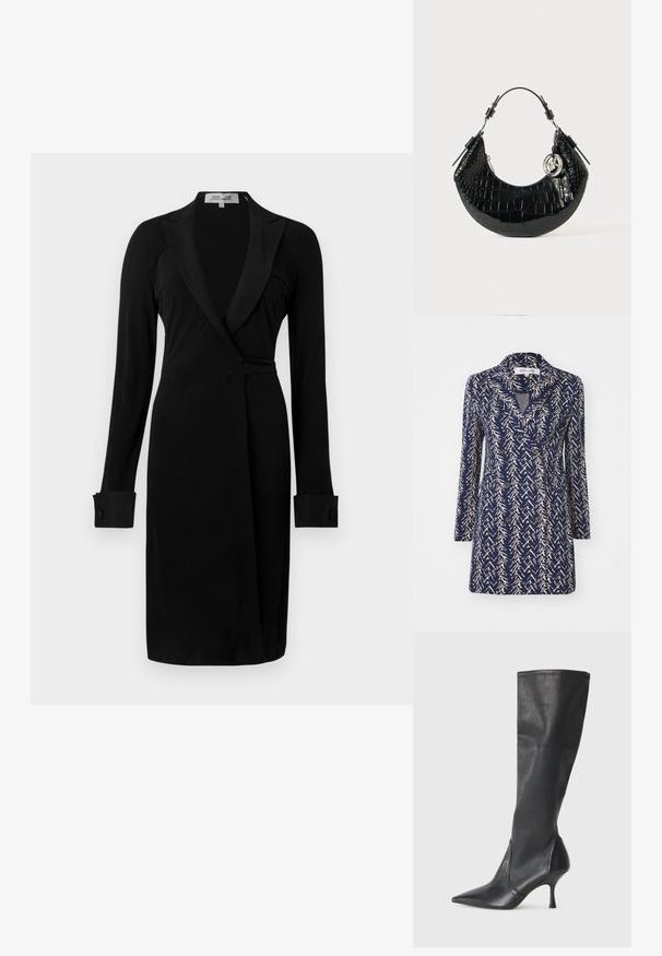 Navy blue double-breasted coat with a beige abstract pattern, notch lapels, long sleeves, and two front pockets. Soft fabric texture.; Black wrap dress with long sleeves, shawl collar, and buttoned cuffs. Made from smooth fabric, featuring a fitted silhouette and streamlined design.; Knee-high black leather boots with a pointed toe and a slim stiletto heel. Smooth texture with a fitted design and stitching at the top edge.; Black faux croc-embossed handbag featuring a curved design, short handle, metal hardware, and a decorative silver accent.