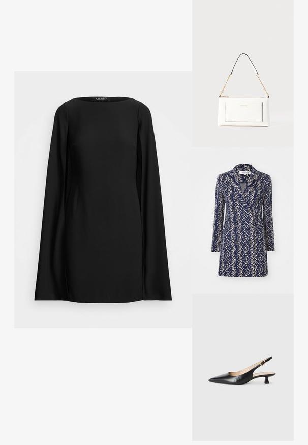 Tumesinine kahekordne mantel, millel on beež abstraktne muster, lõikega krae, pikad varrukad ja kaks esistikut. Pehme kangast struktuur.; Must musta varrukatega kleit ümarate kaelustega, sile tekstuur ja sirge lõige. Minimalistlik disain ilma mustrite ja kaunistusteta.; Must musta slingback kitten heel king must ja kuldne pandla külgrihmaga, valge tausta peal.; Valge nahast kott tekstureeritud viimistlusega, millel on kuldne kettling ja mustad aktsendid. Include eesmine tasku ja tõmblukk.