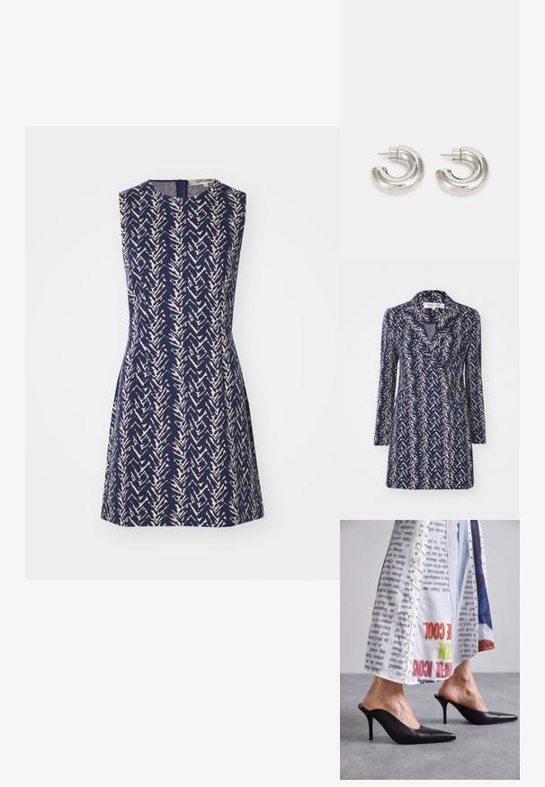 Navyblauwe dubbele jas met een beige abstract patroon, gekartelde revers, lange mouwen en twee voorke pocket. Zachte stof textuur.; Mouwloze jurk van navy stof met een roomkleurig zigzagpatroon, voorzien van een ronde halslijn en een ritssluiting aan de achterkant. A-lijn silhouet.; Zwarte leren muiltjes met een spitse neus en hoge hak, gecombineerd met een witte laatjes met patroon en vetersluiting.; Zilverkleurige hoepeloorbellen met een glad, gebogen ontwerp en een gestructureerd oppervlak, met een stud voor bevestiging.