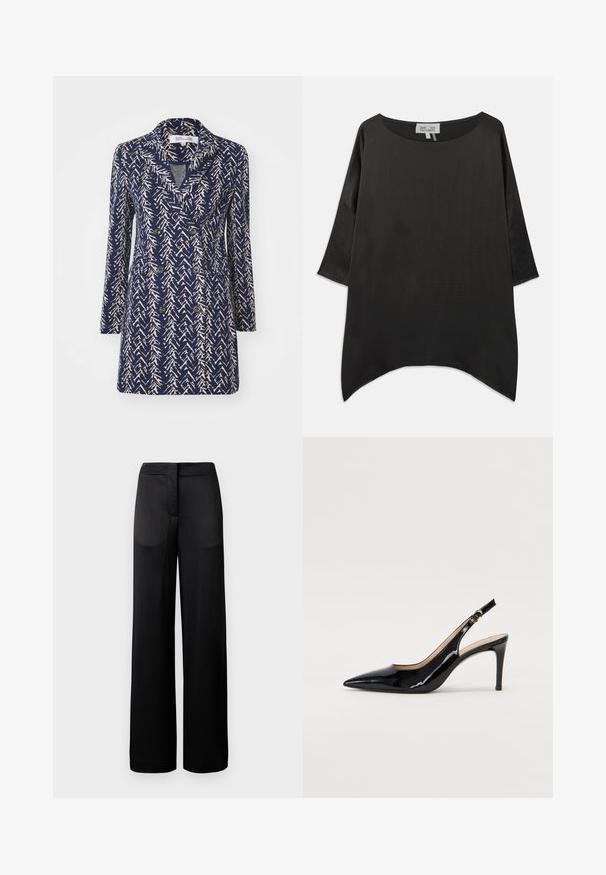 Tamsiai mėlyna dvigubai užsegama striukė su smėlio spalvos abstrakčiu raštu, su įpjovomis atlapais, ilgomis rankovėmis ir dviem priekiniais kišenėmis. Minkšta audinio tekstūra.; Juoda per didelė palaidinė su apvalia apykakle, trimis ketvirtadaliais rankovėmis ir lengvu, tekstūruotu audiniu. Yra kreivėm pjūviu ir minimalizmo dizainu.; Plati juodų kelnių, turinčių tekstūruotą paviršių, su lygiu juosmeniu ir dviem šoninėmis kišenėmis. Audinys atrodo lengvas ir plazdantis.; Juodas lakinės odos slingback batelis su smailiu nosiu, plonu kulnu ir subtiliu išpjovos dizainu. Yra auksinė sagtis ant dirželio.