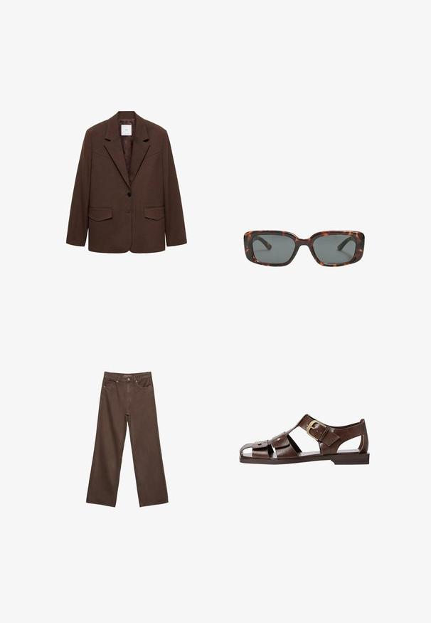 Mango BLAKFORD - Blazer - brown; Maglietta a maniche corte marrone realizzata in tessuto morbido, con scollatura rotonda e vestibilità rilassata. Nessun motivo o dettaglio visibile.; Jeans a gamba larga marroni in denim, con vita alta, tasche anteriori e chiusura a bottone classica. Tessuto liscio con cuciture sottili.; Sandal in pelle marrone con un design a intaglio, cinturino laterale regolabile e suola piatta, con dettagli metallici e punta aperta.; Occhiali da sole tartaruga con lenti rettangolari, montatura spessa e lenti scure. Texture liscia e design minimalista.