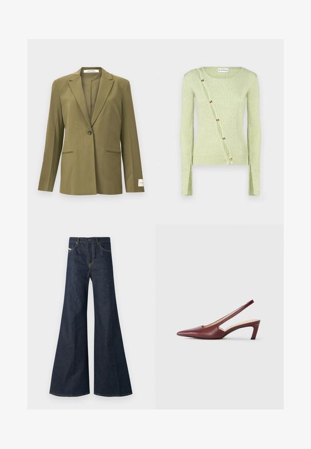 Olivgrüner Blazer aus glattem Stoff, mit Reverskragen, einreihiger Knopfverschluss und zwei Vordertaschen mit Akzentnaht.; Hellgrüner geripptes Sweatshirt mit Rundhalsausschnitt, langen Ärmeln und diagonaler Knopfverschluss mit goldfarbenen Knöpfen. Weiche Textur.; Dunkelblaue ausgestellte Jeans aus Denim, mit hohem Bund, goldenen Nähakzenten und zwei Fronttaschen mit Knopfverschluss.; Burgunderfarbene Slingback-High Heels mit spitzer Zehenform, Ausschnitten an den Seiten und einem Blockabsatz in mittlerer Höhe. Glatte Lederoberfläche.