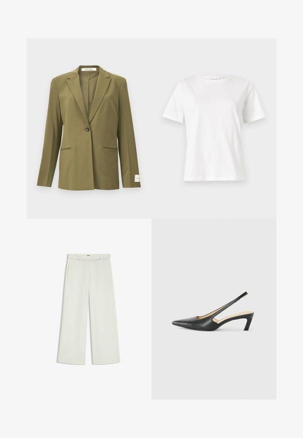 Blazer vert olive en tissu lisse, doté d'un col cranté, d'une fermeture à un bouton et de deux poches avant avec surpiqûres.; T-shirt en coton blanc à manches courtes, col rond et coupe décontractée. Texture lisse, sans motifs ni accents, design minimaliste.; Pantalons à jambes larges en tissu crème clair, dotés de poches latérales, d'un devant plat et d'une fermeture à un bouton à la taille. Texture lisse.; Slingback noir à bout pointu avec un petit talon, en cuir lisse et doté d'un design découpé sur le côté pour plus de respirabilité.
