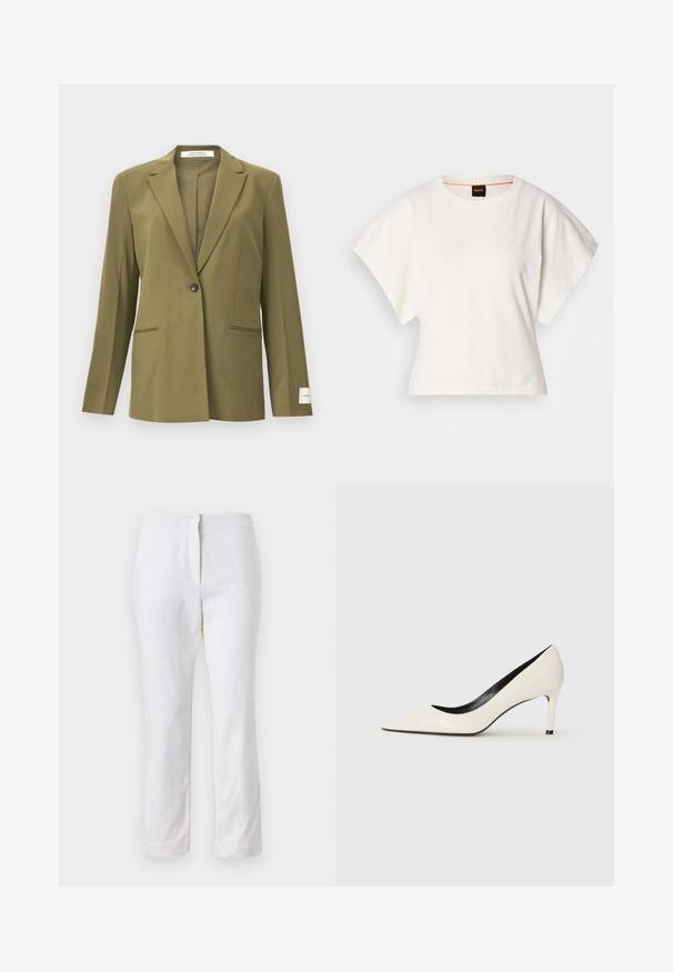 Olivno zelena blazerka iz gladkega materiala, z izrezanimi klapnicami, enojnim gumbom in dvema sprednjima žepoma z dekorativnim šivanjem.; Bela skrajšana majica s kratkimi širokimi rokavi, mehka bombažna tkanina, okrogla ovratnica z diskretnim oranžnim robom, minimalističen dizajn, brez vzorcev ali grafike.; Beli bombažne hlače s ravnim krojem, srednje visoko pasom, brez vidnih kovinskih elementov ali vzorcev. Gladka textura po vsej površini.; Bela lakirana visoka peta s uskim nosom, tankom petom in črnim notranjim detajlom. Gladka tekstura in eleganten dizajn.