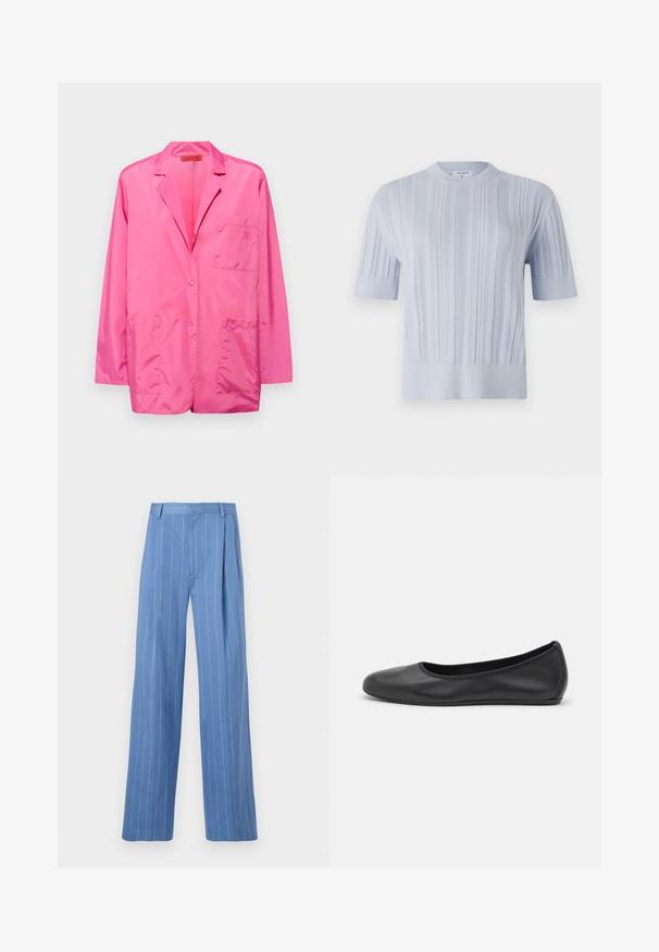Rosa Nylon-Blazer mit einem einzigen Knopfverschluss, Reverskragen, zwei aufgesetzten Taschen vorne und besticktem Logo auf der Brusttasche.; Helles blaues kurzärmliges Strickoberteil mit vertikaler Rippstruktur und Rundhalsausschnitt. Der Stoff zeigt dezente Details mit einem taillierten Saum.; Himmelblaue weite Hosen mit vertikalen weißen Streifen. Aus glattem Material gefertigt, mit einer vorderen Falte und einem schlichten Taillenbunddesign.; Schwarze Leder-Ballettschuhe mit abgerundeter Spitze, glatter Textur, minimalen Nähdetails und einem flexiblen Sohlen-Design.