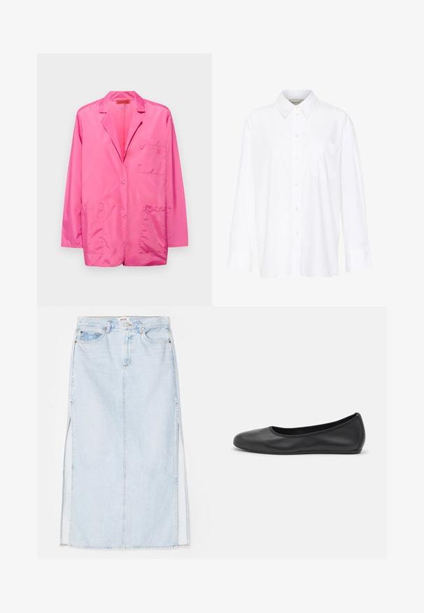 Rosa nylonblazer med enknapps-stängning, slagkrage, två framfickor och broderad logga på bröstfickan.; Vit långärmad skjorta med krage i bomull. Har en knapp-down fram och en enda bröstficka. Slät textur, avslappnad passform.; Ljusblå denim maxikjol med rak skärning, featuring sidofrack och femficksdesign. Framträdande sömmar och metallknappsstängning.; Svart läderballerinaskor med rund tå, slät yta, minimala söm detaljer och en flexibel sula.