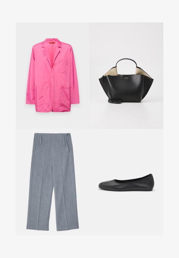 Růžový nylonový blazer s jedním knoflíkem, klopovými límci, dvěma předními kapsami s patkami a vyšívaným logem na kapsičce na hrudi.; Bílá košile s dlouhým rukávem a límečkem vyrobená z bavlny. Má knoflíkovou přední část a jedno kapsičku na prsou. Hladký povrch, volný střih.; Svetle šedé, široké kalhoty vyrobené z texturované tkaniny, s dvěma předními sklady a dvěma bočními kapsami. Čistý, upravený design.; Černé kožené baletní byty s kulatou špičkou, hladkou texturou, minimálními švy a flexibilním designem podrážky.; Ree Projects ANN TOTE MINI - Kabelka - black