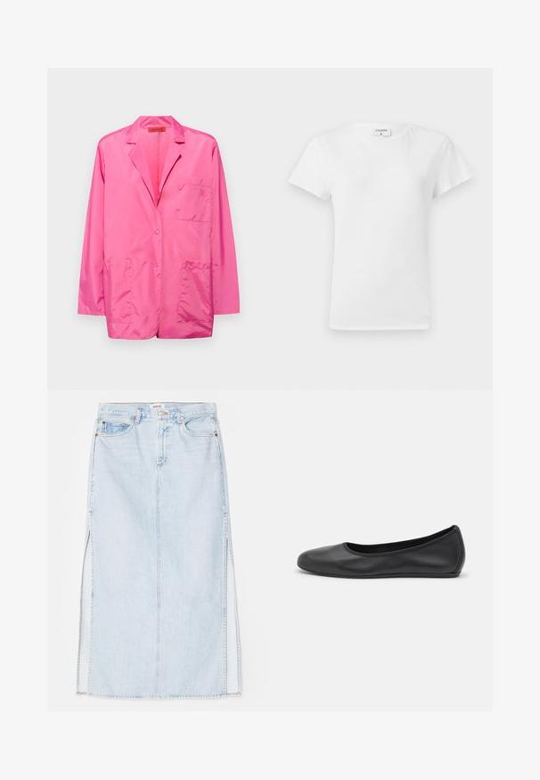 Blazer en nylon rose avec une fermeture à un bouton, revers cran, deux poches plaquées à l'avant et logo brodé sur la poche poitrine.; T-shirt en coton blanc avec un col rond et des manches courtes, présentant une coupe décontractée et un design minimaliste. Étiquette visible au niveau du cou.; Jupe maxi en denim bleu clair avec une coupe droite, dotée de fentes sur les côtés et d'un design à cinq poches. Couture bien visible et fermeture à bouton métallique.; Ballerines en cuir noir avec un bout rond, texture lisse, détails de couture minimalistes et design de semelle flexible.