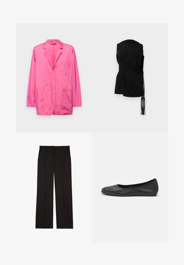 Vaaleanpunainen nailoniblazeri, jossa on yksi nappikiinnitys, lovet kauluksessa, kaksi etupuolen rintataskua ja brodeerattu logo rintataskussa.; Musta hihaton paita, jossa on roikkuvaa kangasta, sivusaumojen kerääntyminen ja pitkät fringed yksityiskohdat. Paita on sileä ja istuu tiukasti.; Mustat räätälöidyt housut, jotka on valmistettu sileästä kankaasta. Housuissa on suora lahje ja kaksi sivutaskua. Elegantti ja minimalistinen rakenne.; Musta nahkainen ballerina, jossa on pyöristetty kärki, sileä pinta, minimaalinen ommelkoristelu ja joustava pohjamuotoilu.